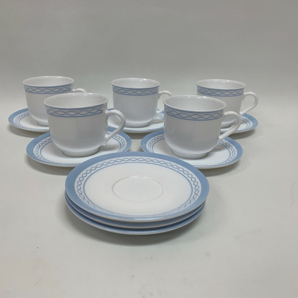 Martha Stewart Everyday Cup and Saucers White with Blue‎ Wavy Lines Lot of 13
